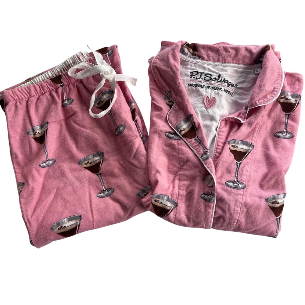 PJ Salvage Pink Espresso Martini Pajama Set Size Large Coffee Print 100% Cotton